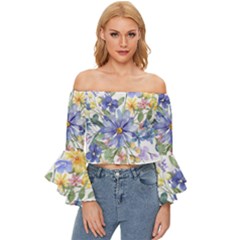 Flower Off Shoulder Flutter Bell Sleeve Top