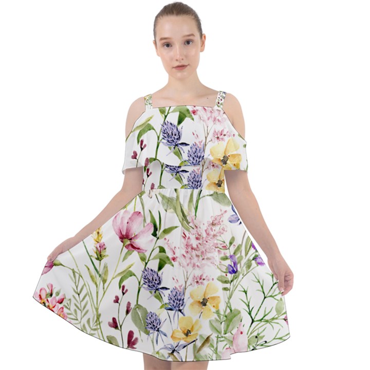 bunch of flowers Cut Out Shoulders Chiffon Dress