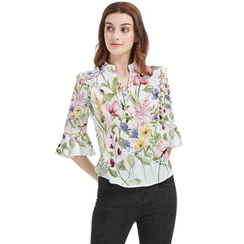 Bunch Of Flowers Loose Horn Sleeve Chiffon Blouse by zappwaits