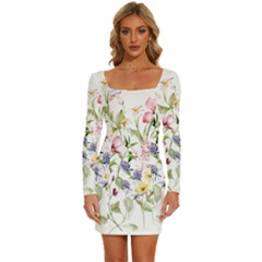 Bunch Of Flowers Long Sleeve Square Neck Bodycon Velvet Dress by zappwaits