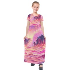 Wave Waves Ocean Sea Kids  Short Sleeve Maxi Dress by Ravend