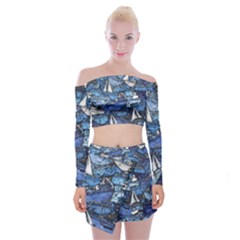 Boat Ship Background Pattern Off Shoulder Top With Mini Skirt Set by Ravend