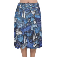 Boat Ship Background Pattern Velvet Flared Midi Skirt by Ravend