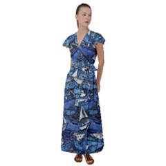 Boat Ship Background Pattern Flutter Sleeve Maxi Dress by Ravend