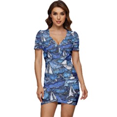 Boat Ship Background Pattern Low Cut Cap Sleeve Mini Dress by Ravend