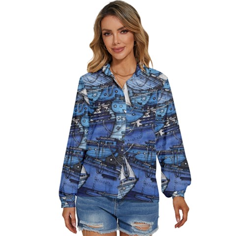 Boat Ship Background Pattern Women s Long Sleeve Button Down Shirt by Ravend