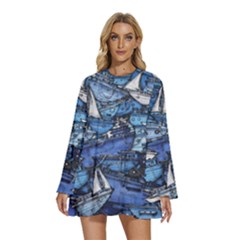 Boat Ship Background Pattern Round Neck Long Sleeve Bohemian Style Chiffon Mini Dress