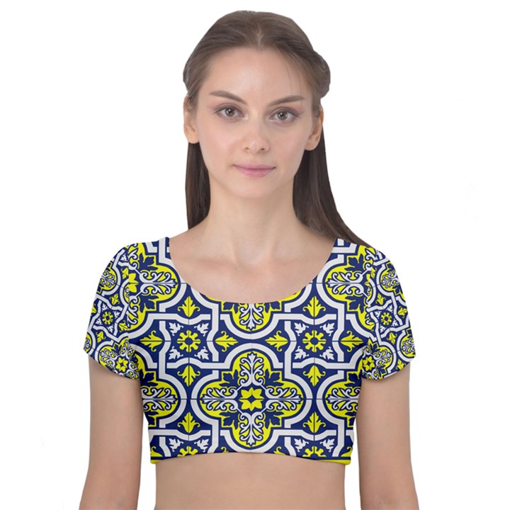 Tiles Panel Decorative Decoration Traditional Pattern Velvet Short Sleeve Crop Top 