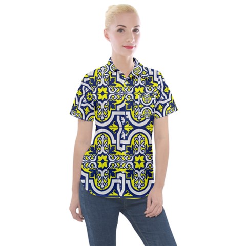 Tiles Panel Decorative Decoration Traditional Pattern Women s Short Sleeve Pocket Shirt by Ravend