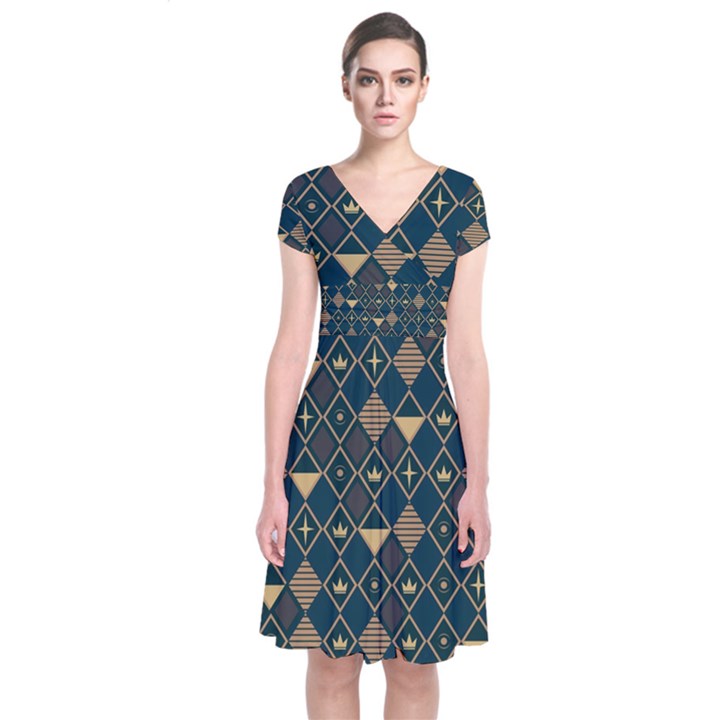 Background Non Seamless Pattern Short Sleeve Front Wrap Dress