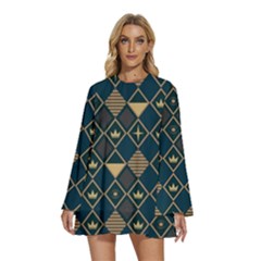 Background Non Seamless Pattern Round Neck Long Sleeve Bohemian Style Chiffon Mini Dress