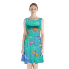 Non Seamless Pattern Blues Bright Sleeveless Waist Tie Chiffon Dress by Ravend