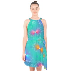 Non Seamless Pattern Blues Bright Halter Collar Waist Tie Chiffon Dress by Ravend