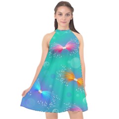 Non Seamless Pattern Blues Bright Halter Neckline Chiffon Dress  by Ravend