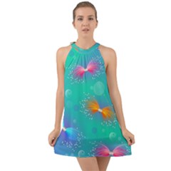 Non Seamless Pattern Blues Bright Halter Tie Back Chiffon Dress by Ravend