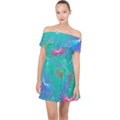 Non Seamless Pattern Blues Bright Off Shoulder Chiffon Dress by Ravend