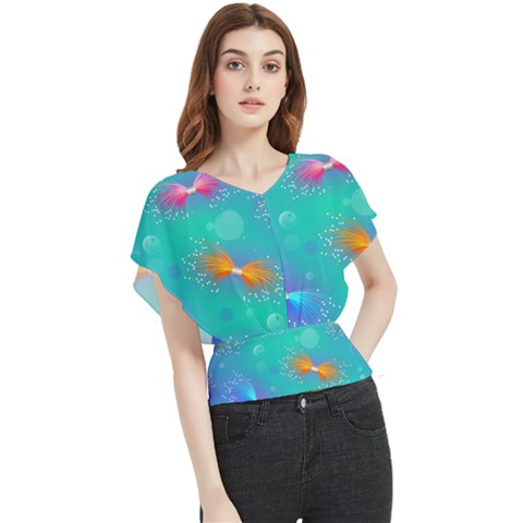 Non Seamless Pattern Blues Bright Butterfly Chiffon Blouse by Ravend