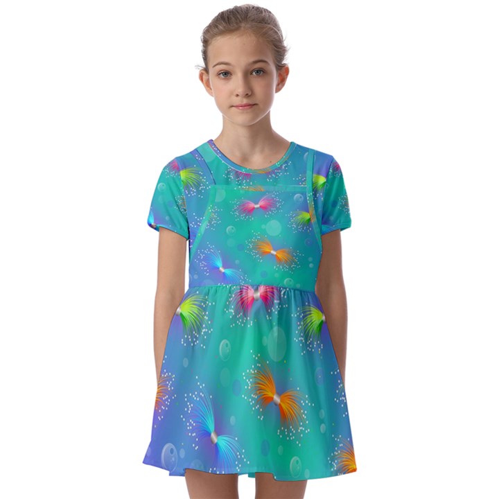 Non Seamless Pattern Blues Bright Kids  Short Sleeve Pinafore Style Dress