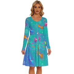 Non Seamless Pattern Blues Bright Long Sleeve Dress With Pocket by Ravend