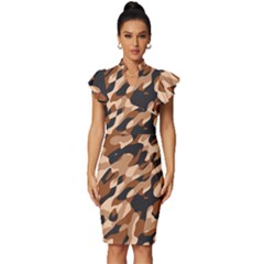 Abstract Camouflage Pattern Vintage Frill Sleeve V-neck Bodycon Dress by Jack14