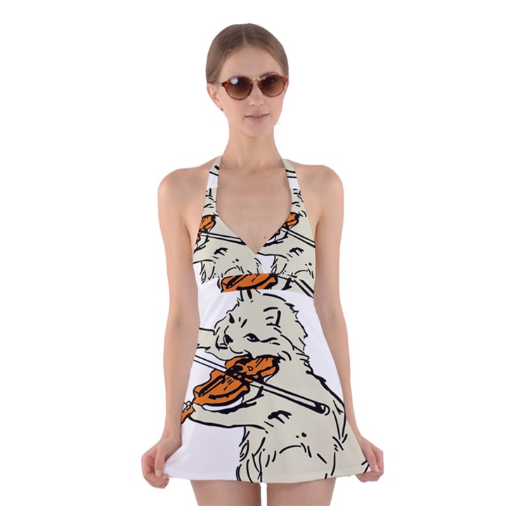 Cat Playing The Violin Art Halter Dress Swimsuit 