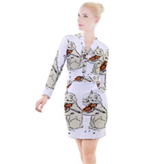 Cat Playing The Violin Art Button Long Sleeve Dress by oldshool