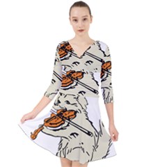 Cat Playing The Violin Art Quarter Sleeve Front Wrap Dress by oldshool