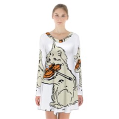 Cat Playing The Violin Art Long Sleeve Velvet V-neck Dress