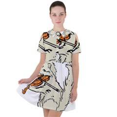 Cat Playing The Violin Art Short Sleeve Shoulder Cut Out Dress  by oldshool