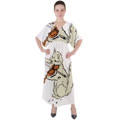 Cat Playing The Violin Art V-neck Boho Style Maxi Dress by oldshool