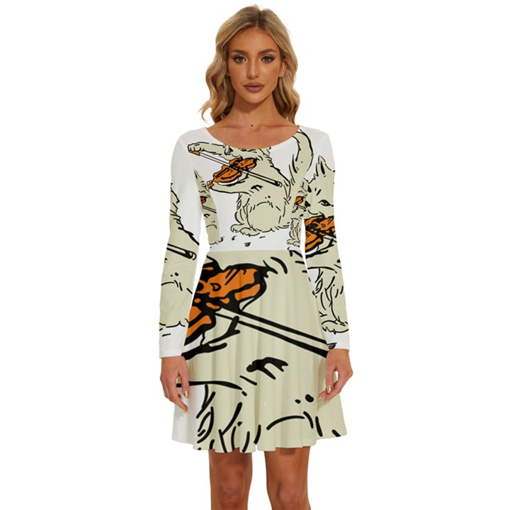 Cat Playing The Violin Art Long Sleeve Wide Neck Velvet Dress