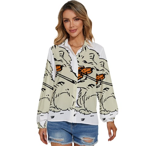 Cat Playing The Violin Art Women s Long Sleeve Button Down Shirt by oldshool