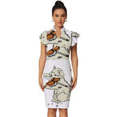 Cat Playing The Violin Art Vintage Frill Sleeve V-neck Bodycon Dress