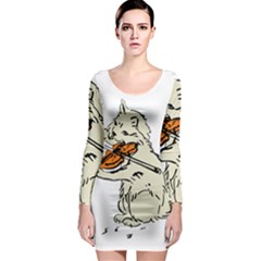 Cat Playing The Violin Art Long Sleeve Bodycon Dress