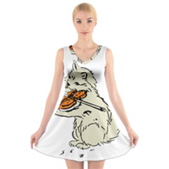 Cat Playing The Violin Art V-neck Sleeveless Dress