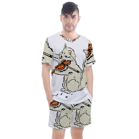 Cat Playing The Violin Art Men s Mesh Tee And Shorts Set by oldshool