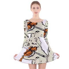 Cat Playing The Violin Art Long Sleeve Velvet Skater Dress