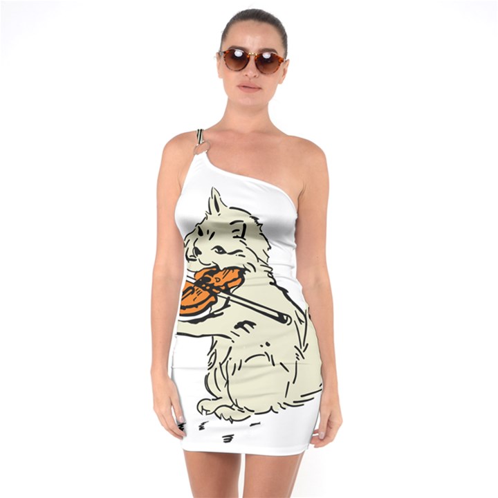 Cat Playing The Violin Art One Shoulder Ring Trim Bodycon Dress