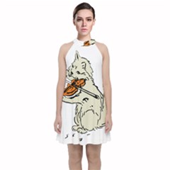 Cat Playing The Violin Art Velvet Halter Neckline Dress 