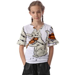 Cat Playing The Violin Art Kids  V-neck Horn Sleeve Blouse by oldshool