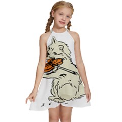 Cat Playing The Violin Art Kids  Halter Collar Waist Tie Chiffon Dress