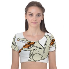 Cat Playing The Violin Art Velvet Short Sleeve Crop Top  by oldshool