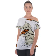 Cat Playing The Violin Art Off Shoulder Tie-up Tee