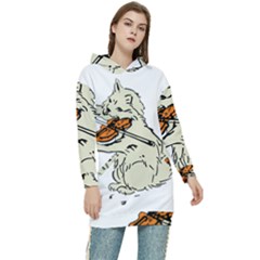 Cat Playing The Violin Art Women s Long Oversized Pullover Hoodie