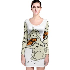 Cat Playing The Violin Art Long Sleeve Velvet Bodycon Dress by oldshool