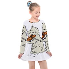 Cat Playing The Violin Art Kids  Long Sleeve Dress by oldshool