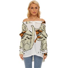 Cat Playing The Violin Art Off Shoulder Chiffon Pocket Shirt by oldshool