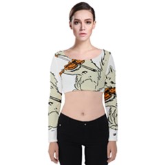 Cat Playing The Violin Art Velvet Long Sleeve Crop Top by oldshool