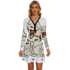 Cat Playing The Violin Art Long Sleeve Deep V Mini Dress  by oldshool