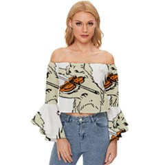 Cat Playing The Violin Art Off Shoulder Flutter Bell Sleeve Top